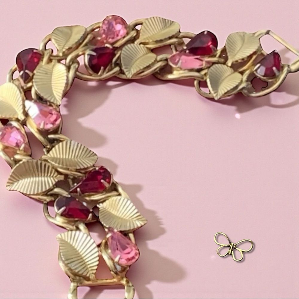 Vintage Signed Coro Pegasus Red Pink Leaf Bracelet